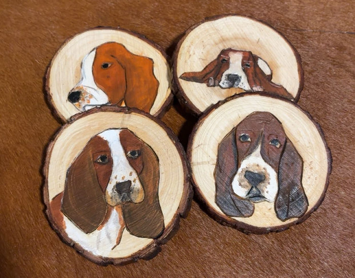 Basset Hounds - Custom Wood Burned Coaster Set- Set Of 4