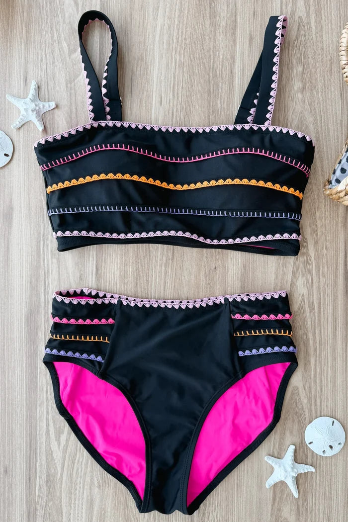 Black Embroidered Swim Top Swim Crop Top Mack and Mal- Tilden Co.