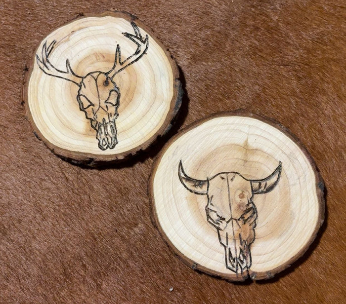 Custom Deer Skull & Buffalo Skull Wood Burned Coasters - 2 piece set-