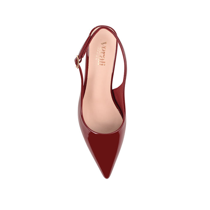 Brown high-heeled shoe with a pointed toe shape and buckle closure