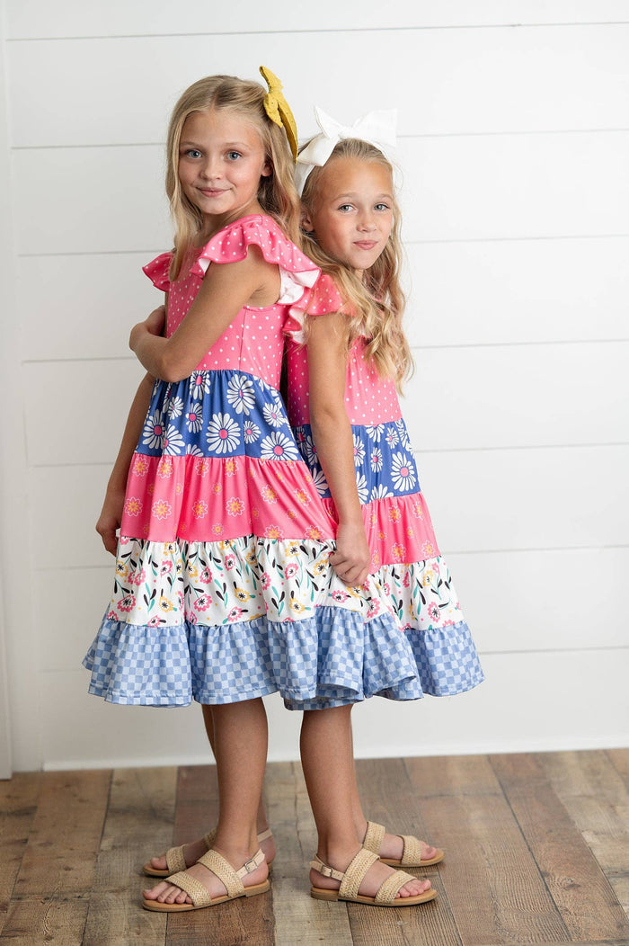 Girl's Ava Hot Pink Floral Check Dress 7/8 7/8 Girl's Dress Adorable Sweetness- Tilden Co.