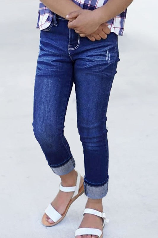 Girls Stretch Reg Fit Jeans w/ Pocket Distressed & Wide Cuff 7 / Dark Denim 7 Dark Denim Jeans Cutie Patootie Clothing- Tilden Co.