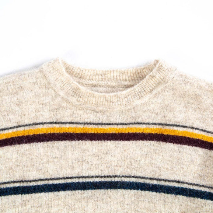 Jacquard Sweater - Horizontal Navy, Yellow, and Plum Stripe Crewneck