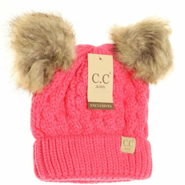 KIDS Cable Knit Double Fur Pom Beanie New Candy Pink New Candy Pink beanie CC Brand Beanies- Tilden Co.