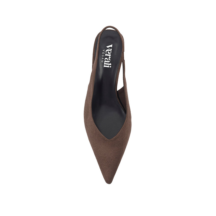 Women's chocolate brown microsuede vegan slingback kitten heel with pointed toe and elastic fastening