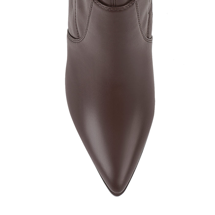 Chocolate brown knee-high boot on a mid block heel