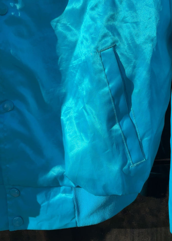 Martha Josey Barrel Clinic Baby Blue Satin Bomber Jacket