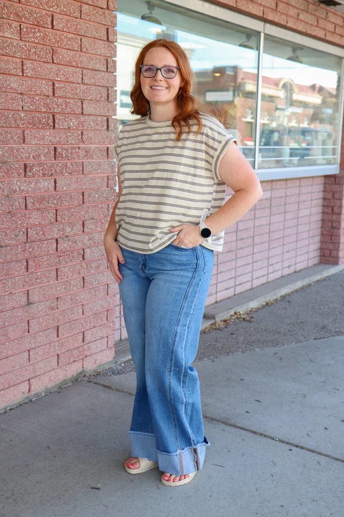 Medium Wash Cuffed Wide Leg Jeans Jeans VERVET by FLYING MONKEY- Tilden Co.