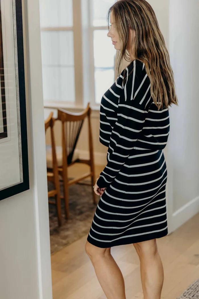Striped Knit Skirt in Black Knee Length Skirt Mikarose- Tilden Co.