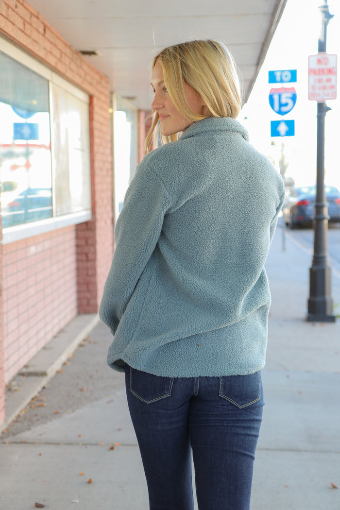Teddy Sherpa Jacket in Baby Blue Shacket Mikarose- Tilden Co.