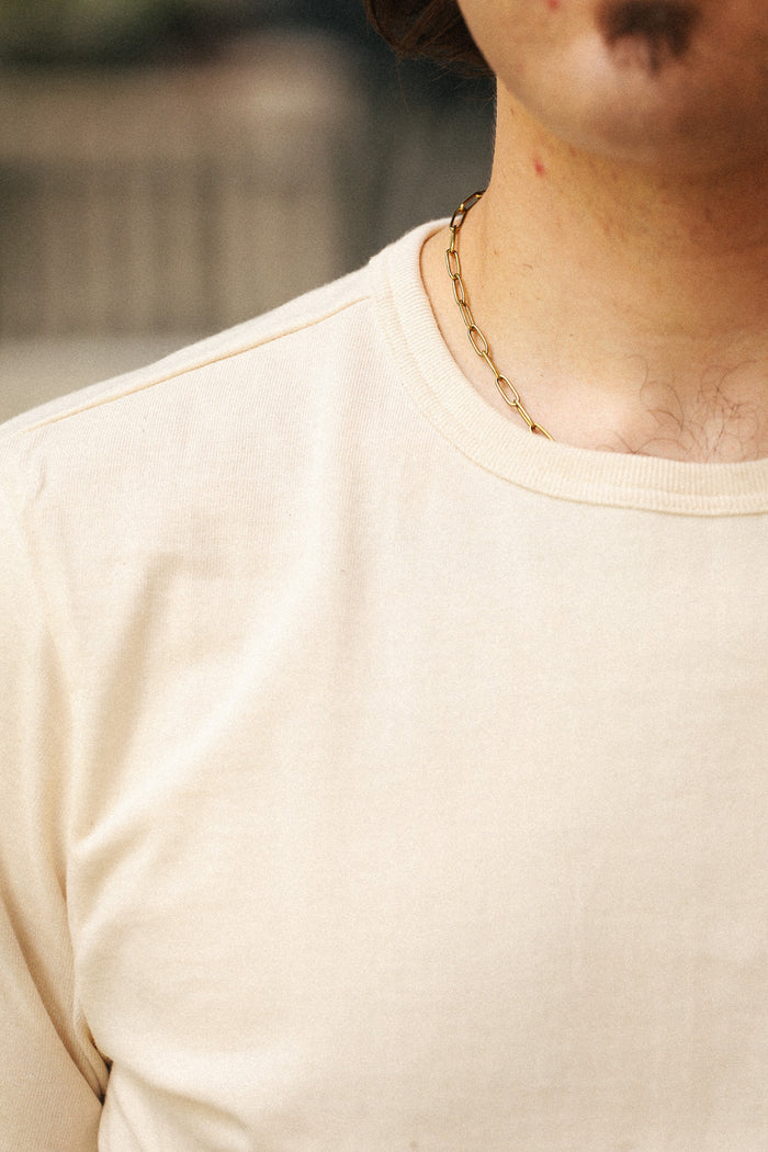 Close-up of a person wearing a cream-colored crewneck t-shirt and a gold chain necklace, with a blurred outdoor background.