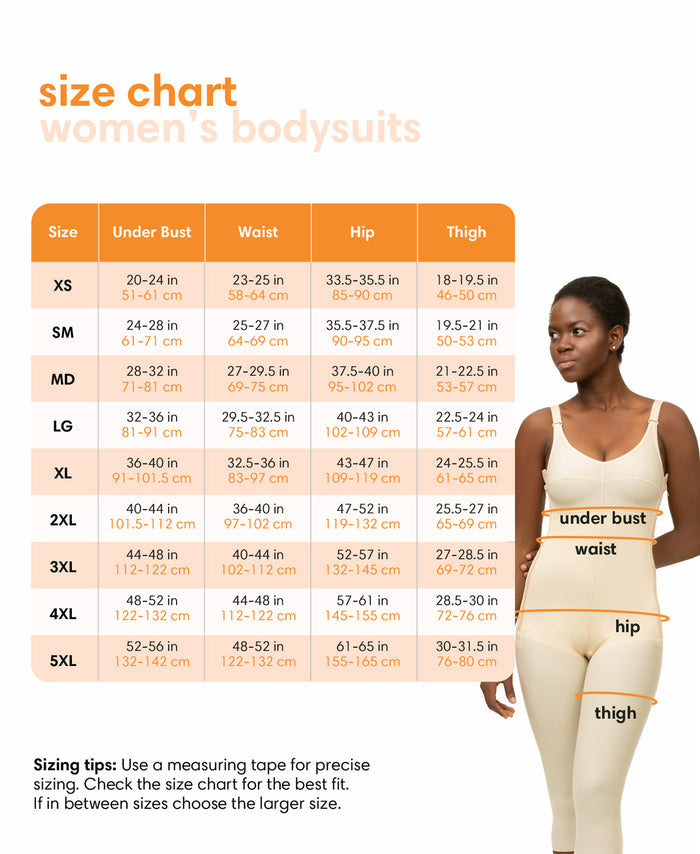 Size chart for women's bodysuits with measurements and a model wearing the bodysuit.