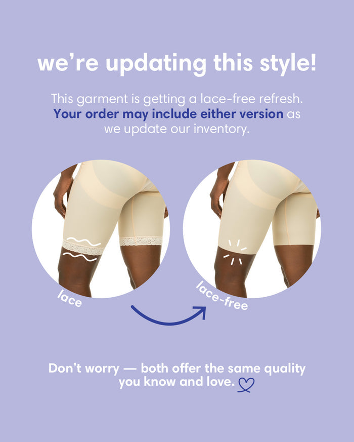 Announcement graphic for Isavela's lace-free refresh, showing the transition to a smooth, flat-seamed medical finish on the BE13