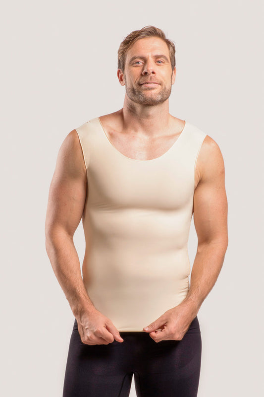 Isavela MG04 Stage 2 male compression vest in beige for gynecomastia and abdominal recovery, featuring a pull-on design with flat-seamed medical fabric.
