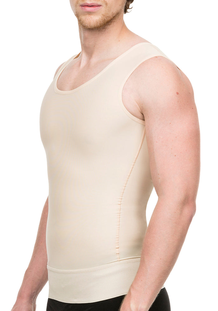 Side profile of the MG05 male compression garment, showing the 3-inch reinforced waistband that prevents the vest from riding up during movement.