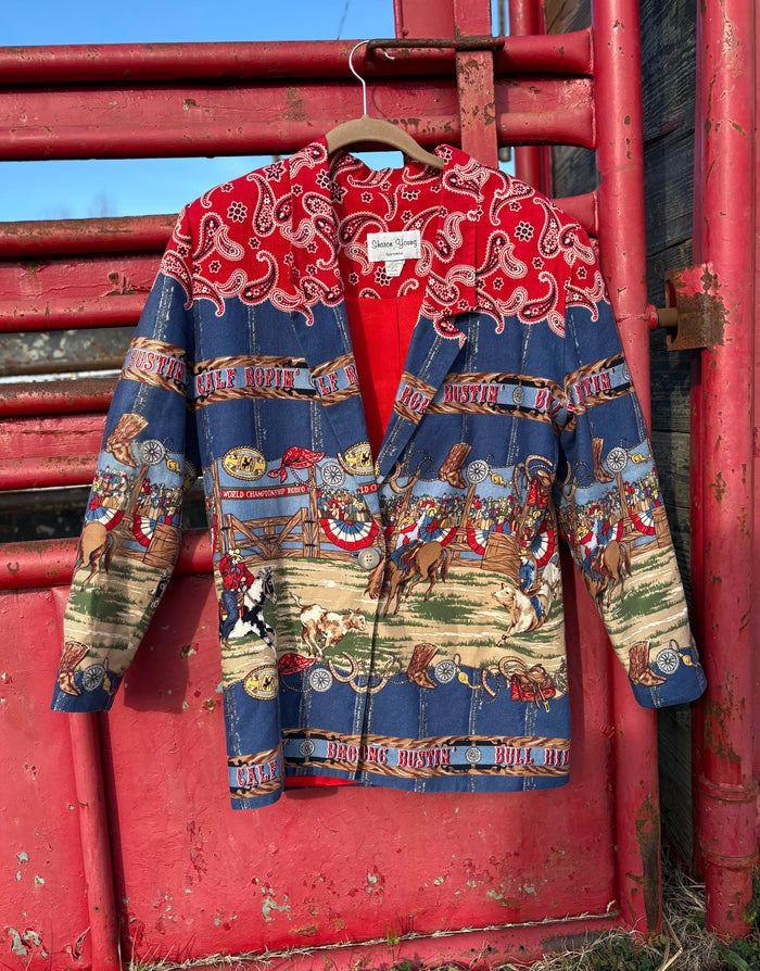Sharon Young Vintage Rodeo Scene Blazer With Padded Shoulders