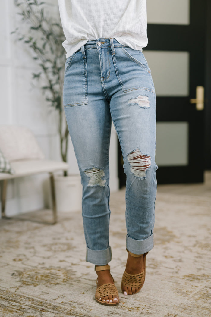 Aiden High Rise Patch Pocket Distressed Boyfriend Jeans Jeans Ave Shops- Tilden Co.
