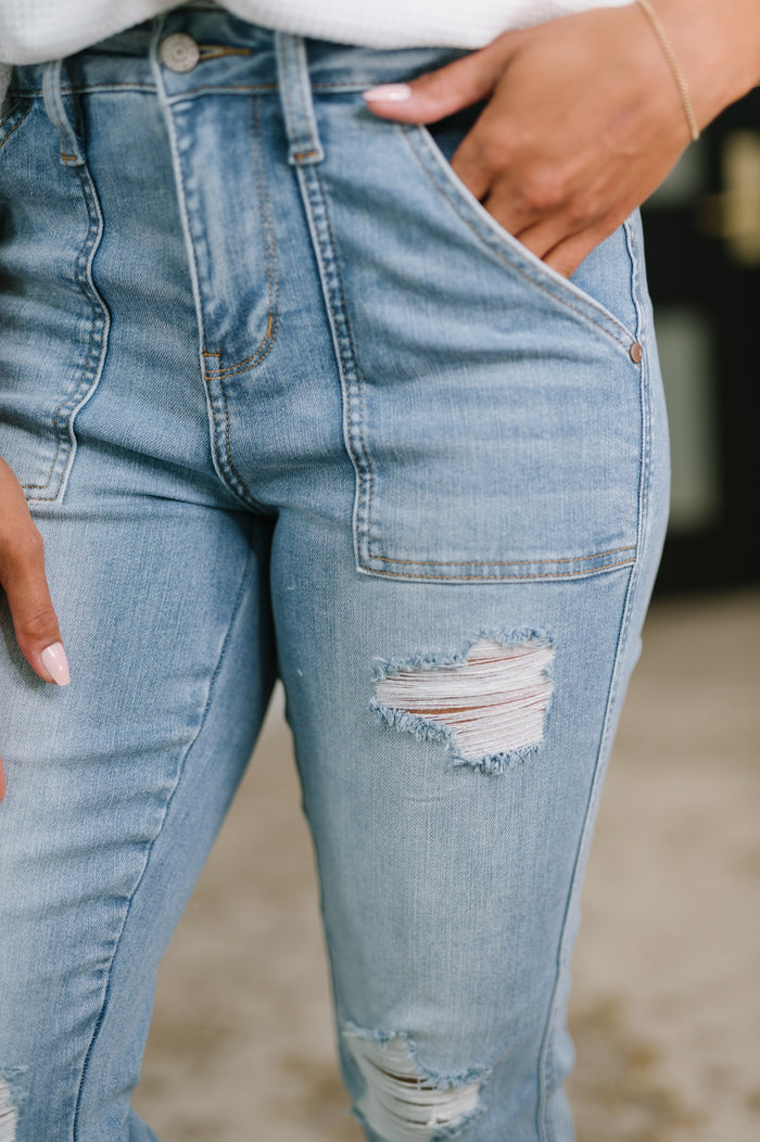 Aiden High Rise Patch Pocket Distressed Boyfriend Jeans Jeans Ave Shops- Tilden Co.