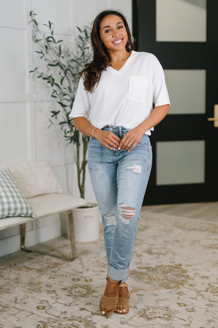 Aiden High Rise Patch Pocket Distressed Boyfriend Jeans Jeans Ave Shops- Tilden Co.