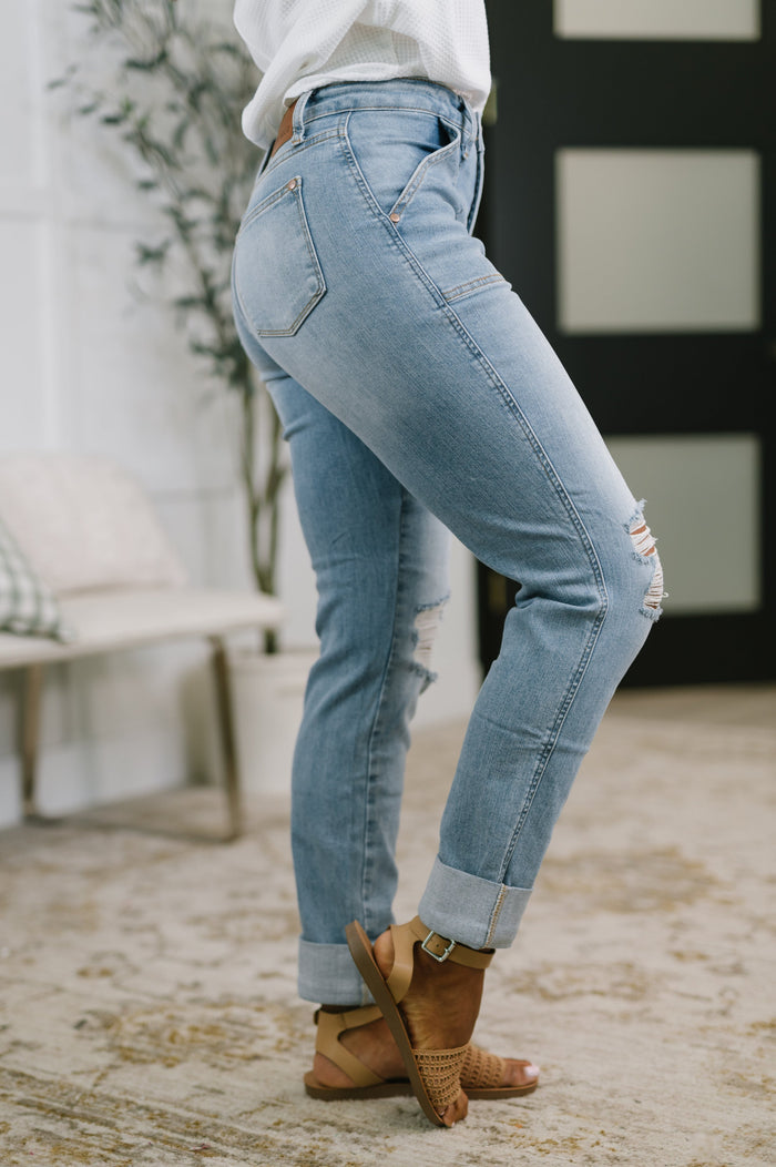 Aiden High Rise Patch Pocket Distressed Boyfriend Jeans Jeans Ave Shops- Tilden Co.