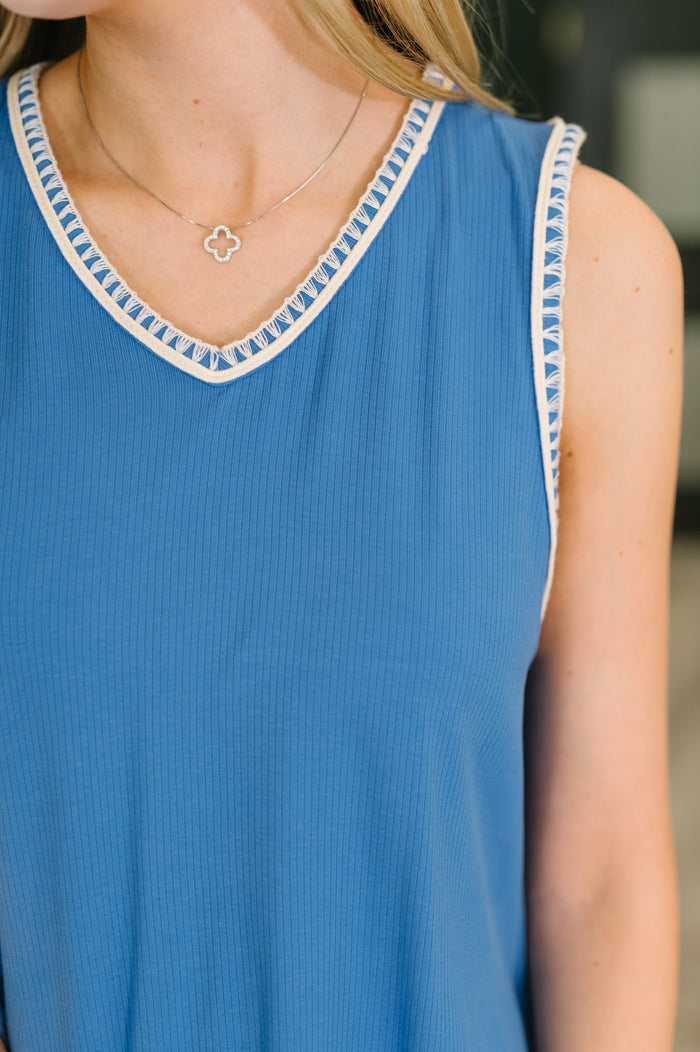 Airloom Trim Detail Mini Tank Dress in Ocean Blue Knee Length Dress Ave Shops- Tilden Co.