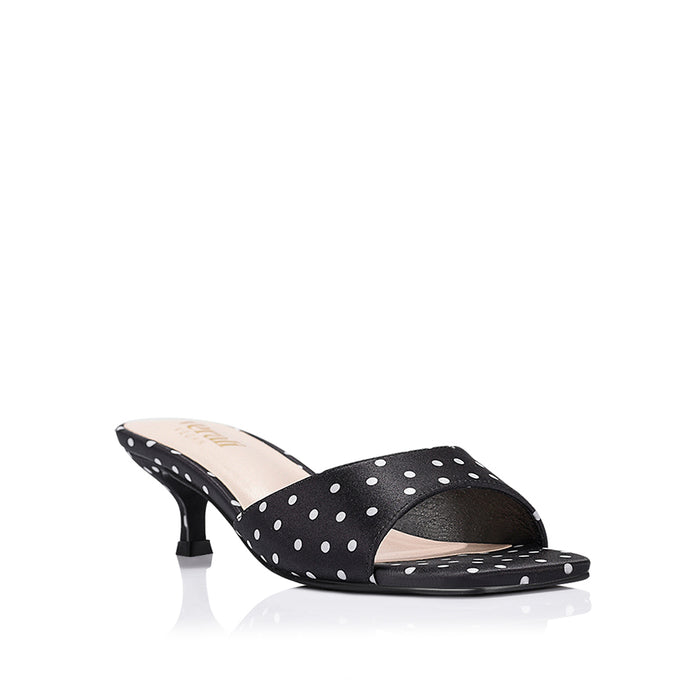 Alyssa Kitten Heel Mules - Black Polka Dot Satin