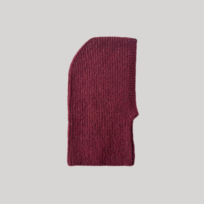 Front view of Ancora Red Knitted Balaclava Hat. Features bold red hue in heavy-duty wool.