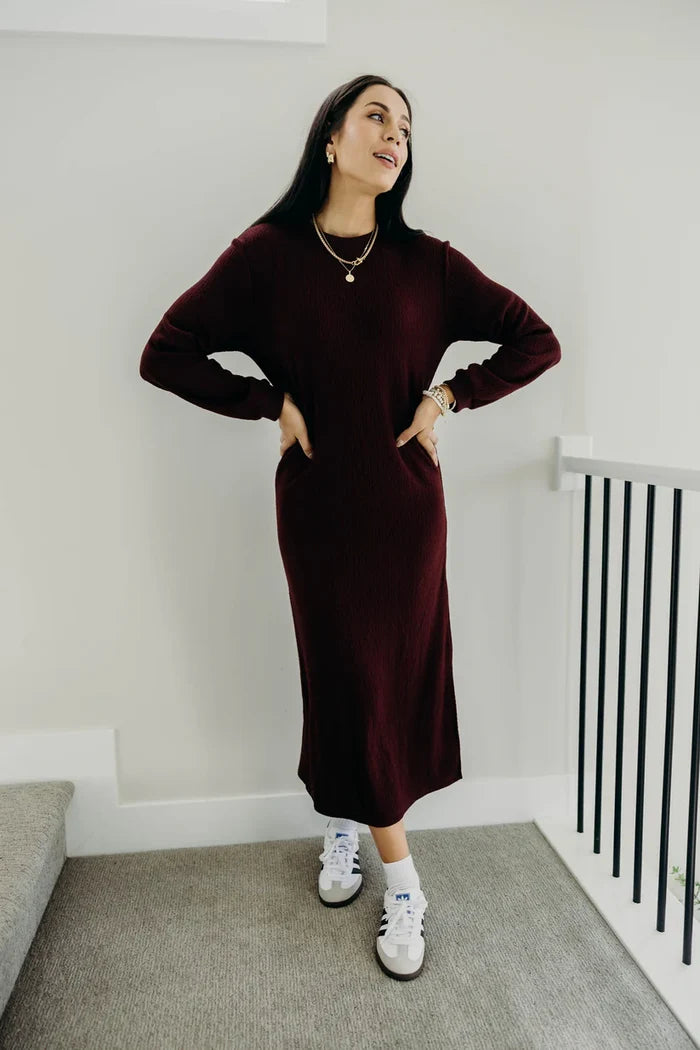 Arden Dress in Black Cherry Midi Dress Mikarose- Tilden Co.