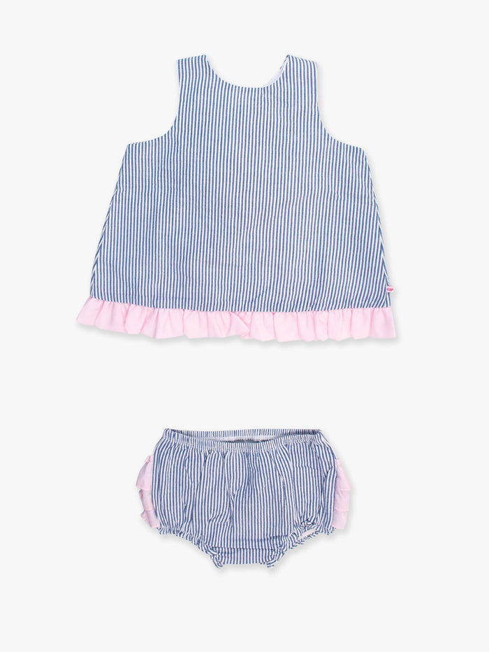 Baby Girls Blue Seersucker Ruffle Swing Top & Bloomer Set - Premium Baby & Toddler Outfits from RuffleButts + RuggedButts - Just $45.95! Shop now at Pat's Monograms