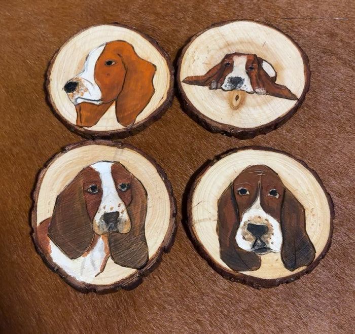Basset Hounds - Custom Wood Burned Coaster Set- Set Of 4