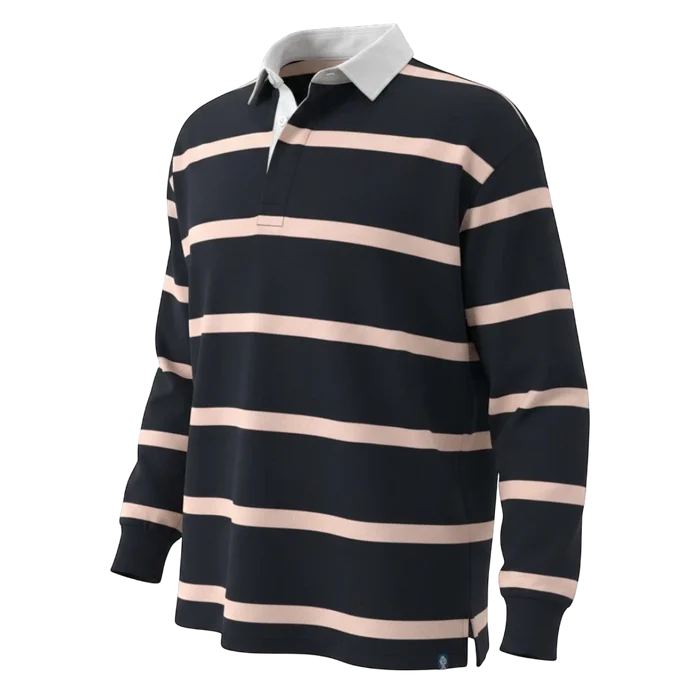 Withernot navy and light peach striped long sleeve rugby shirt with white collar.