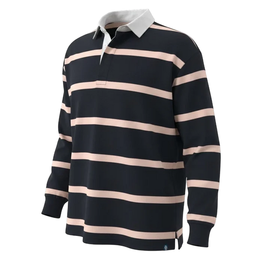 Withernot navy and light peach striped long sleeve rugby shirt with white collar.