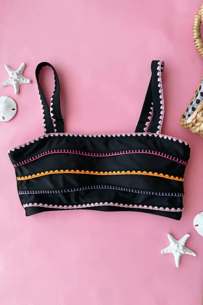 Black Embroidered Swim Top Swim Crop Top Mack and Mal- Tilden Co.
