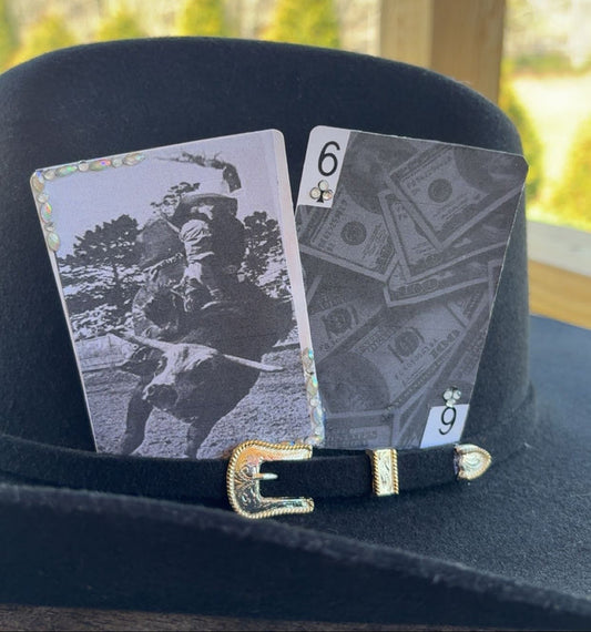Black & White Bull Riding And Money Bedazzled Hat Card Set