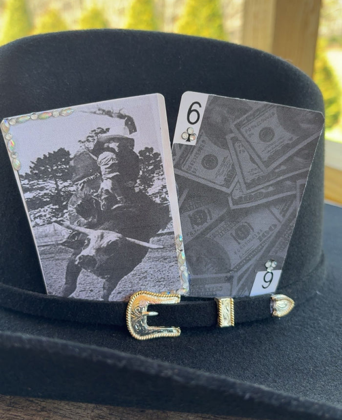 Black & White Bull Riding And Money Bedazzled Hat Card Set