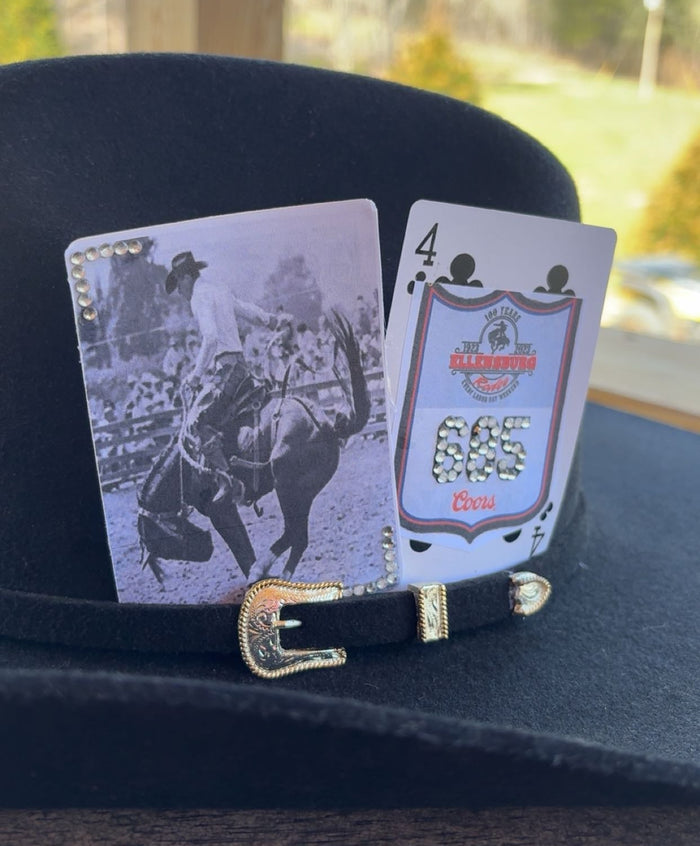 Black & White Saddle Bronc And Back Number Bedazzled Hat Card Set