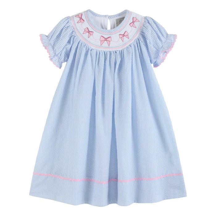 Blue Seersucker Bow Smocked Bishop Dress - Premium Baby & Toddler Dresses from Lil Cactus - Just $36.95! Shop now at Pat's Monograms