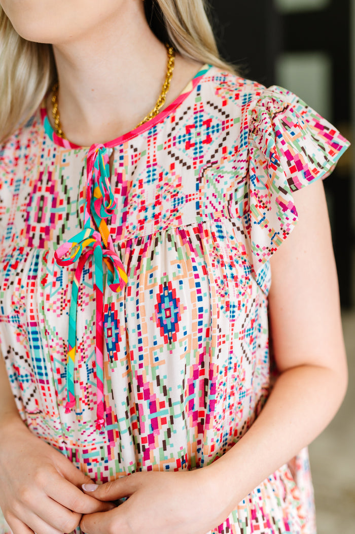 Boho and Behold Flutter Sleeve Dress in Blush/Fuchsia/Mint Womens Ave Shops- Tilden Co.