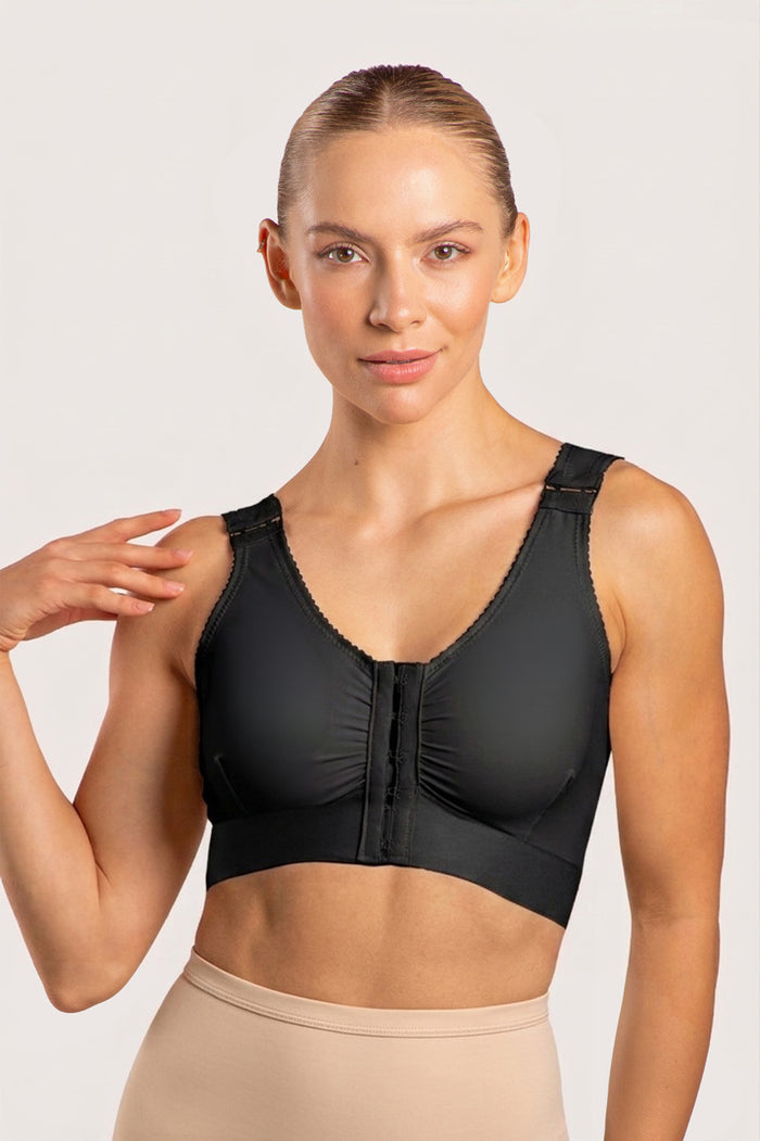 Isavela BR02 Stage 1 surgical bra featuring an integrated 2-inch elastic bust-line for stable breast augmentation and lift recovery, seamless black medical fabric.