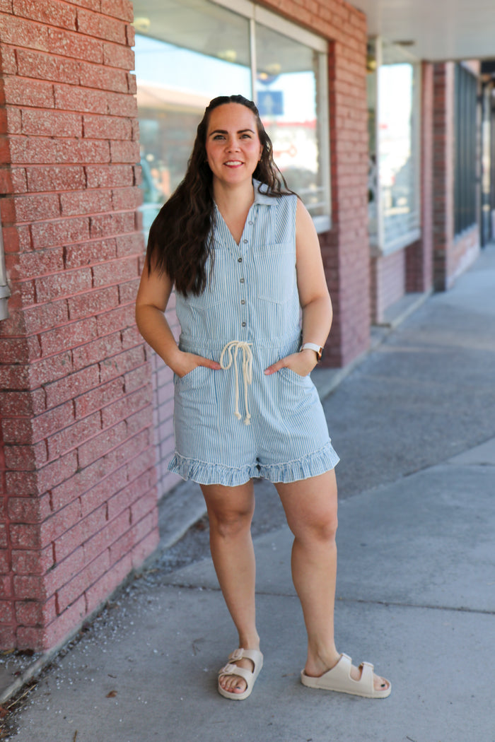 Breezy Stripe Button-Front Romper Jumpsuit in february- Tilden Co.