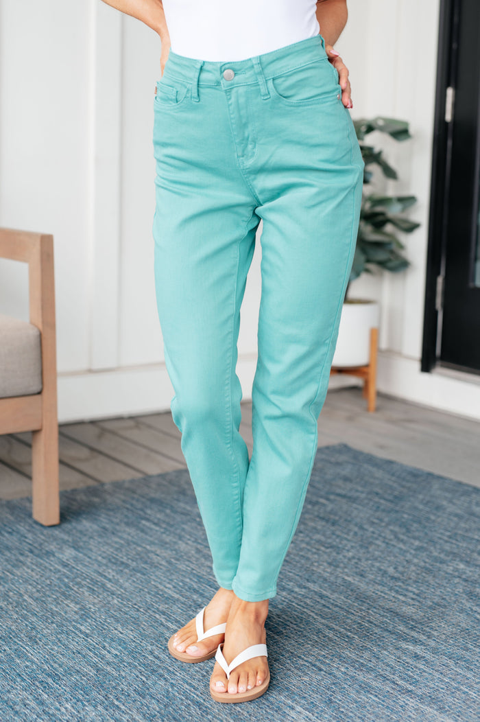 Bridgette High Rise Garment Dyed Slim Jeans in Aquamarine Jeans Ave Shops- Tilden Co.