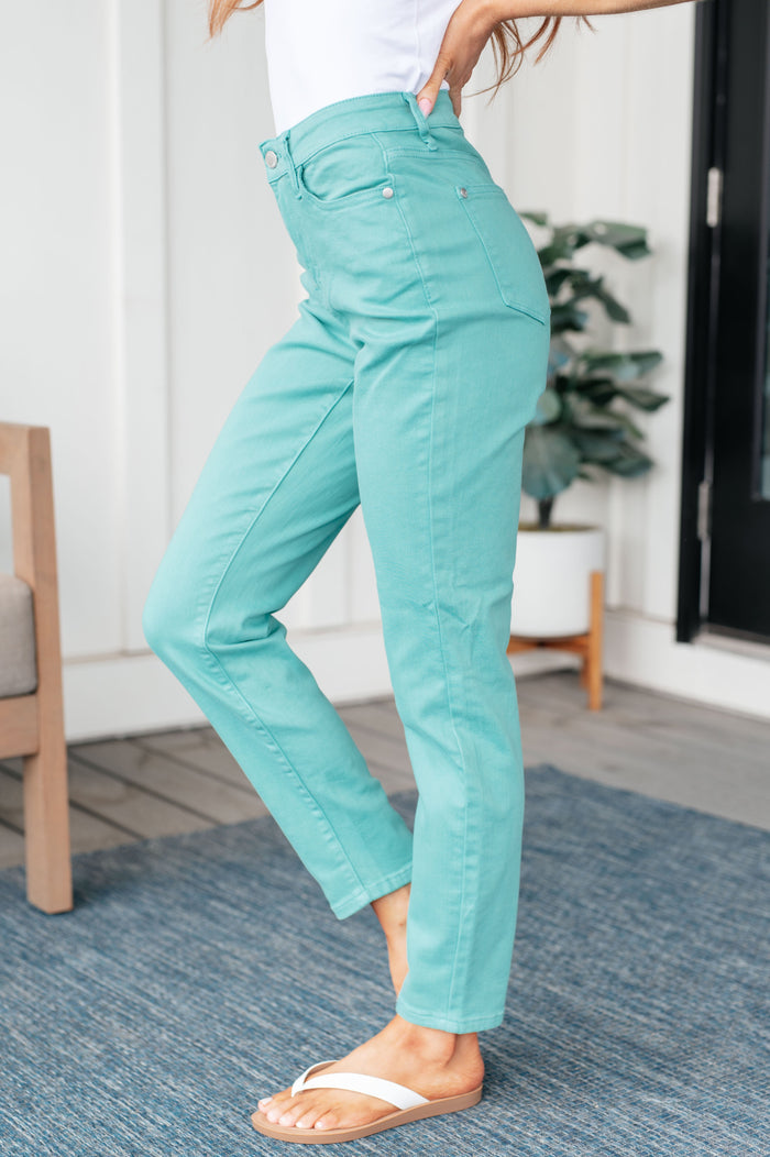 Bridgette High Rise Garment Dyed Slim Jeans in Aquamarine Jeans Ave Shops- Tilden Co.