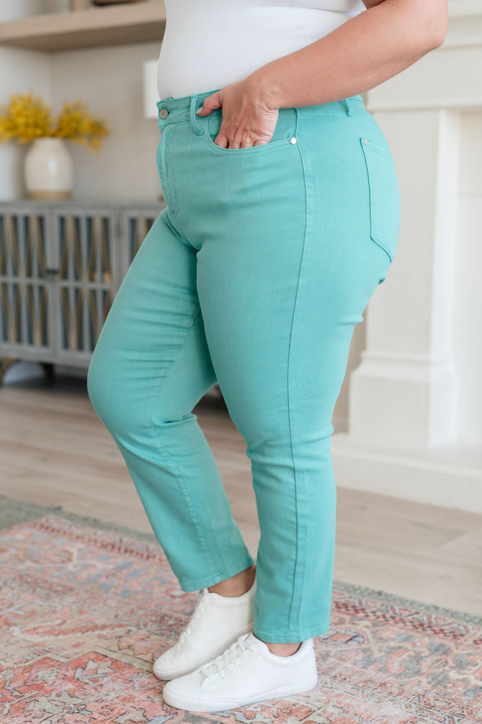 Bridgette High Rise Garment Dyed Slim Jeans in Aquamarine Jeans Ave Shops- Tilden Co.