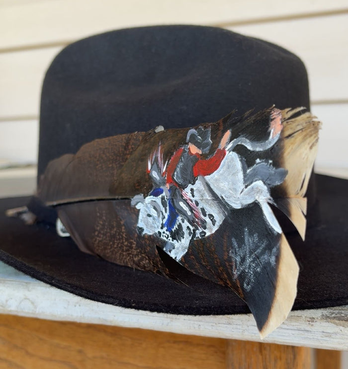 Bull Riding - Red Shirt - Large Painted Turkey Feather