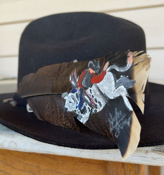 Bull Riding - Red Shirt - Large Painted Turkey Feather