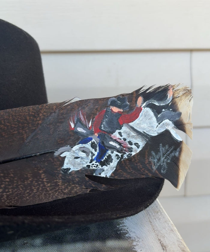 Bull Riding - Red Shirt - Large Painted Turkey Feather