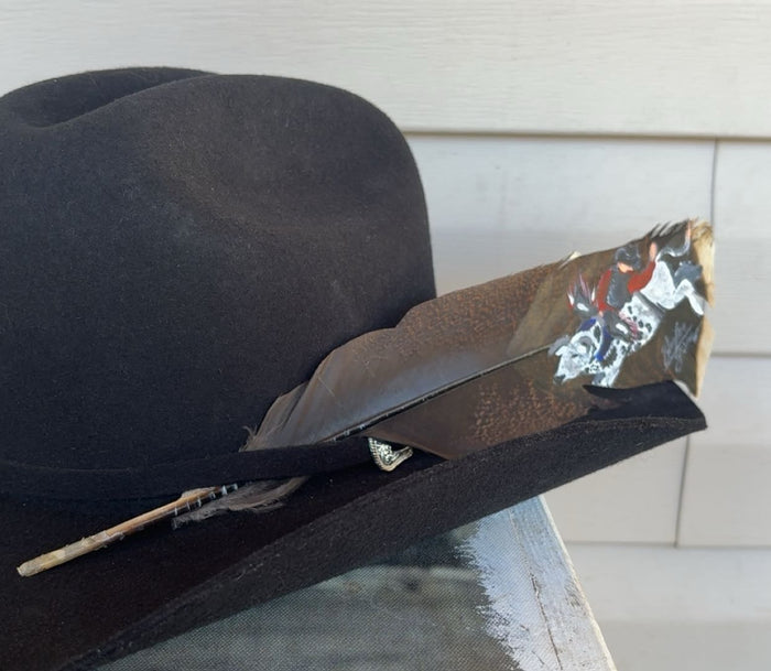 Bull Riding - Red Shirt - Large Painted Turkey Feather