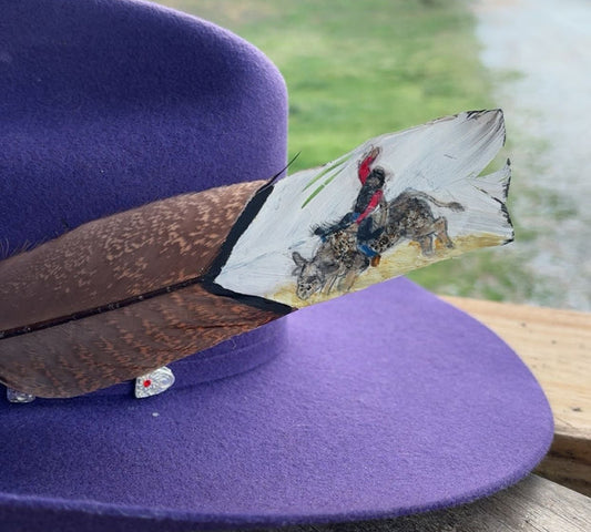 Bull Riding - Red Shirt - Painted Turkey Feather