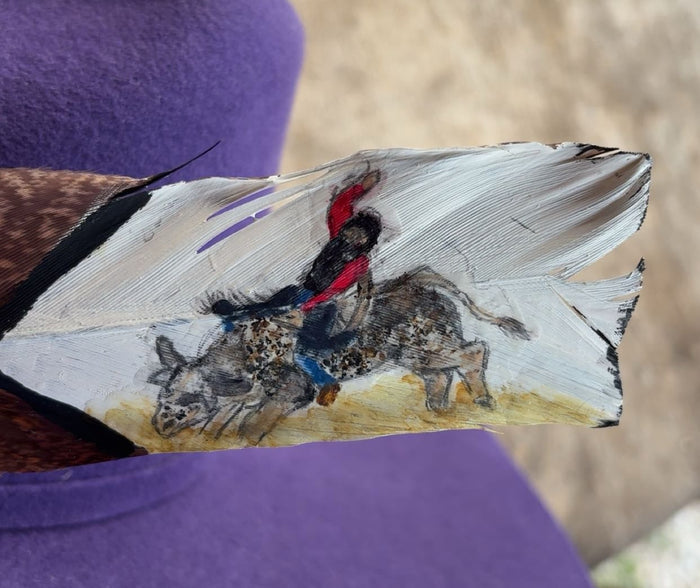 Bull Riding - Red Shirt - Painted Turkey Feather
