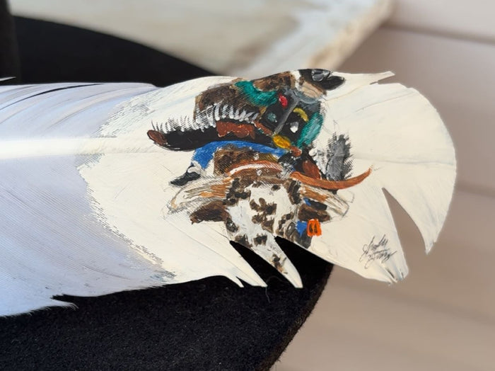 Bull Riding- Up Close View - Painted White Crow Feather